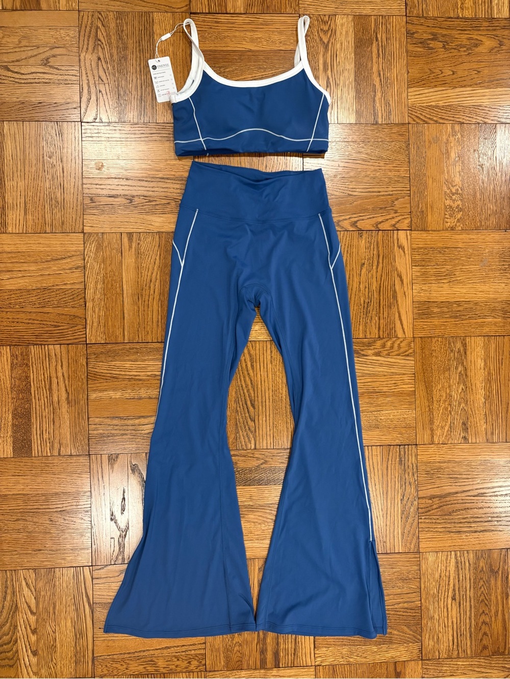 Blue Activewear Set with White Trim - Flare Leg Leggings & Top
